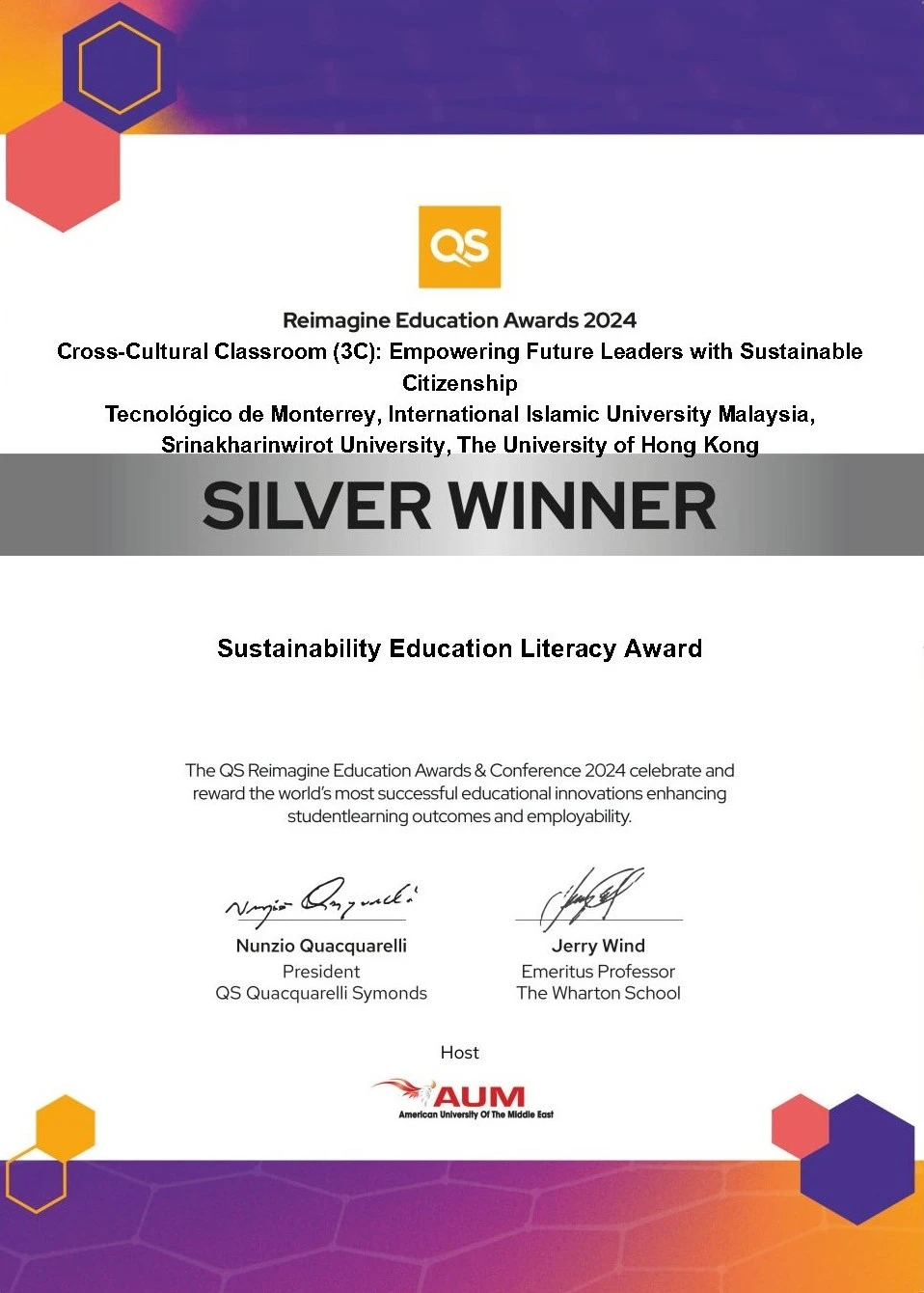 Certificate of the Global Silver Award for the Sustainability Education Literacy in QS Reimagine Education Awards 2024 (Photo credit: Dr Tim Yung)