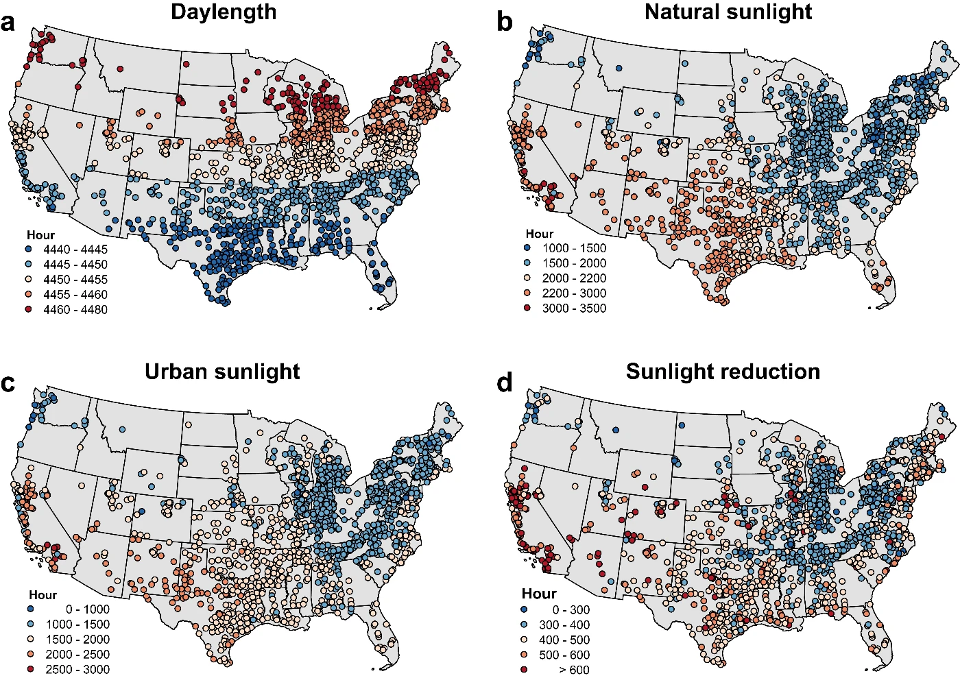 Annual Sunlight Maps for 1,353 U.S. Cities in 2020: a) Day Length: Sunlight duration from sunrise to sunset. b) Natural Sunlight: Actual sunlight owing to cloud cover. c) Urban Sunlight: Sunlight over built-up areas. d) Sunlight Reduction in Built-Up Areas: Difference between natural and urban sunlight due to 3D urban structures.