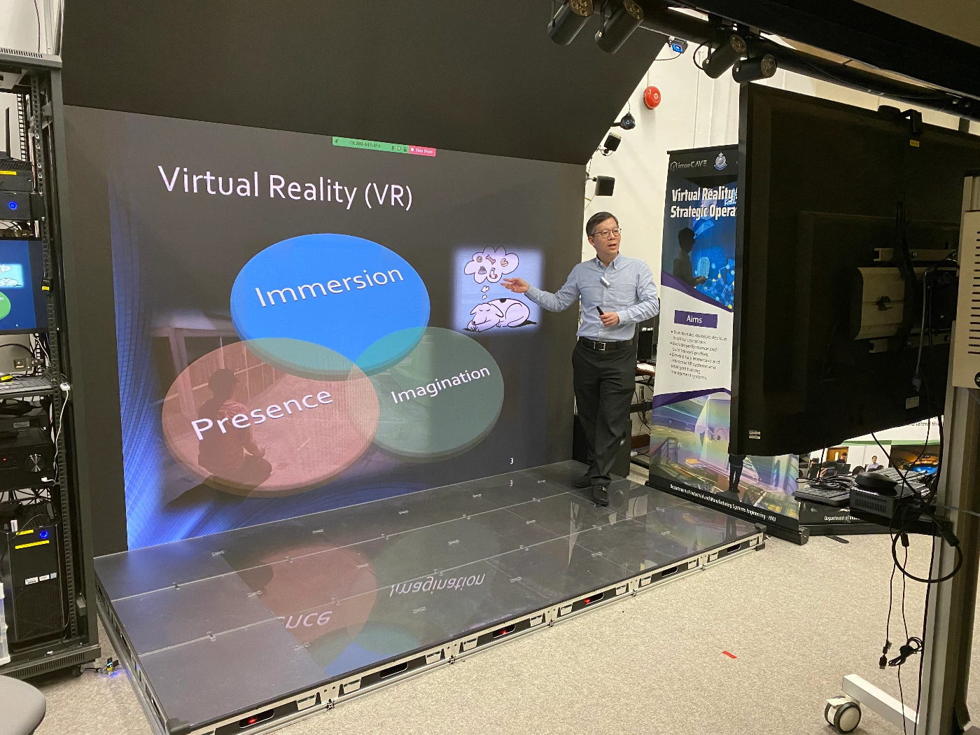 用於實時在線教學的3D LED VR設備，是由imseCAVE 虛擬現實技術開發而來。