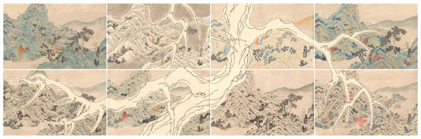 《Meta-3》
邱榮豐 （1990年，香港）
2024年
水墨設色紙本
一組8件
長89 × 寬278厘米（每一件各長44.5 × 寬69.5厘米）