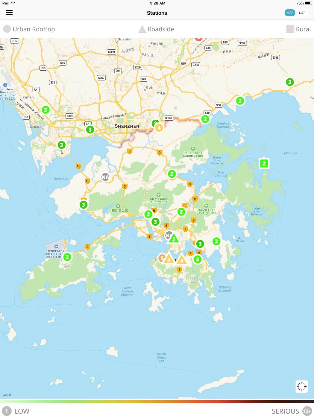 pThe locations of the 13 urban rooftop and 3 roadside air quality stations in Hong Kong, and 11 stations in Shenzhen.