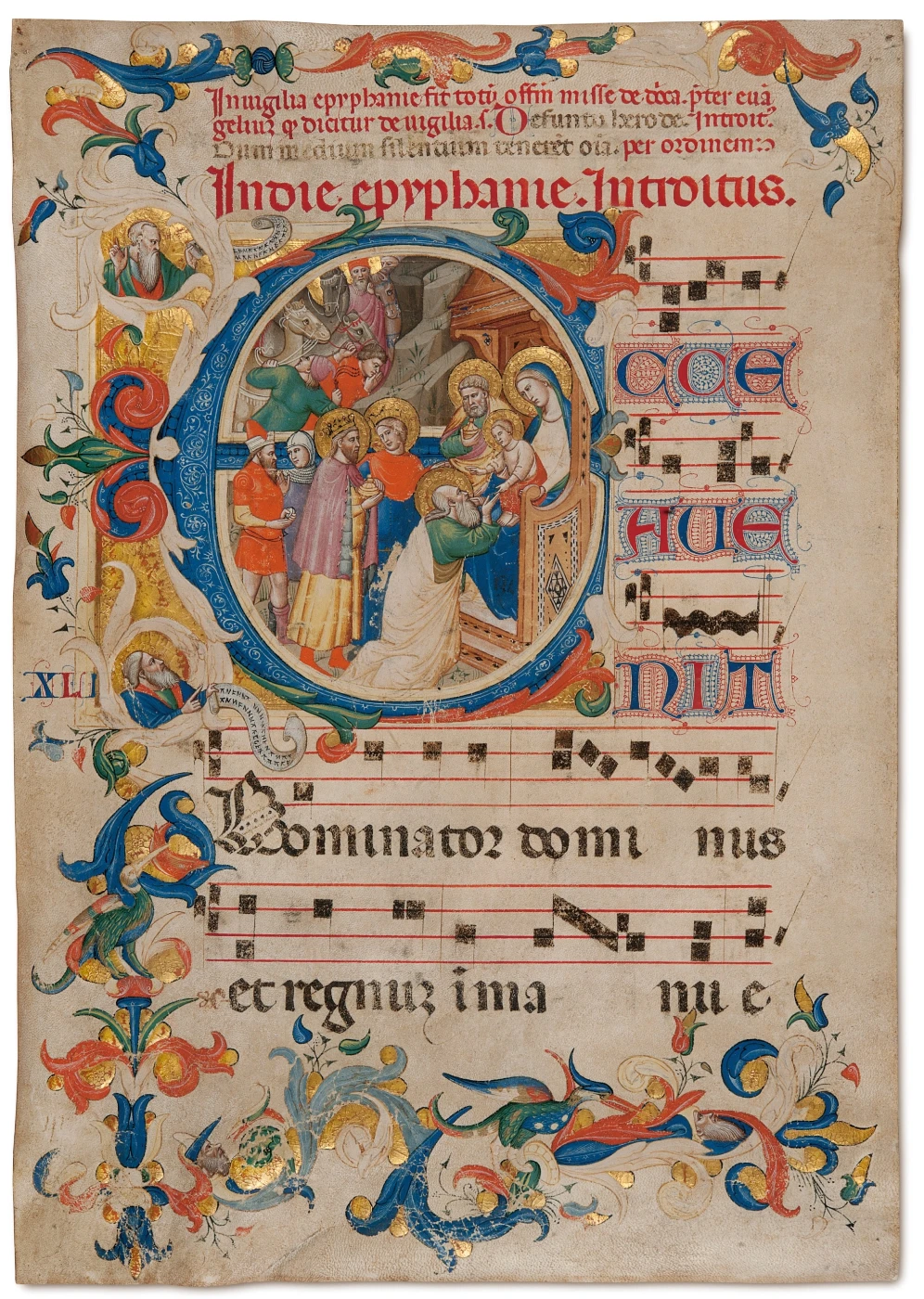 Leaf from a Gradual Depicting The Adoration of the Magi  (from The Life of Christ) and a Historiated Initial “E” (‘Ecce avenit’)