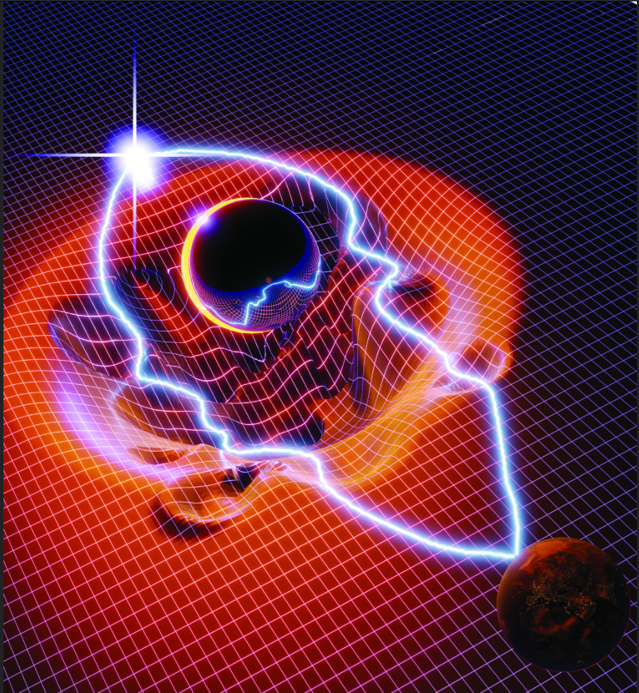 Figure 1. Artist’s impression illustrating how wave-like density patterns produced by ultralight dark matter could warp space and alter the path of light from a distant source. As the light travels past the lensing object on its way to Earth, it follows a distorted path shaped by the surrounding mass distribution. The reflective sphere symbolises the still-unknown nature of dark matter. The image was created using 3D computer graphics software. (Photo courtesy: Amruth Alfred)