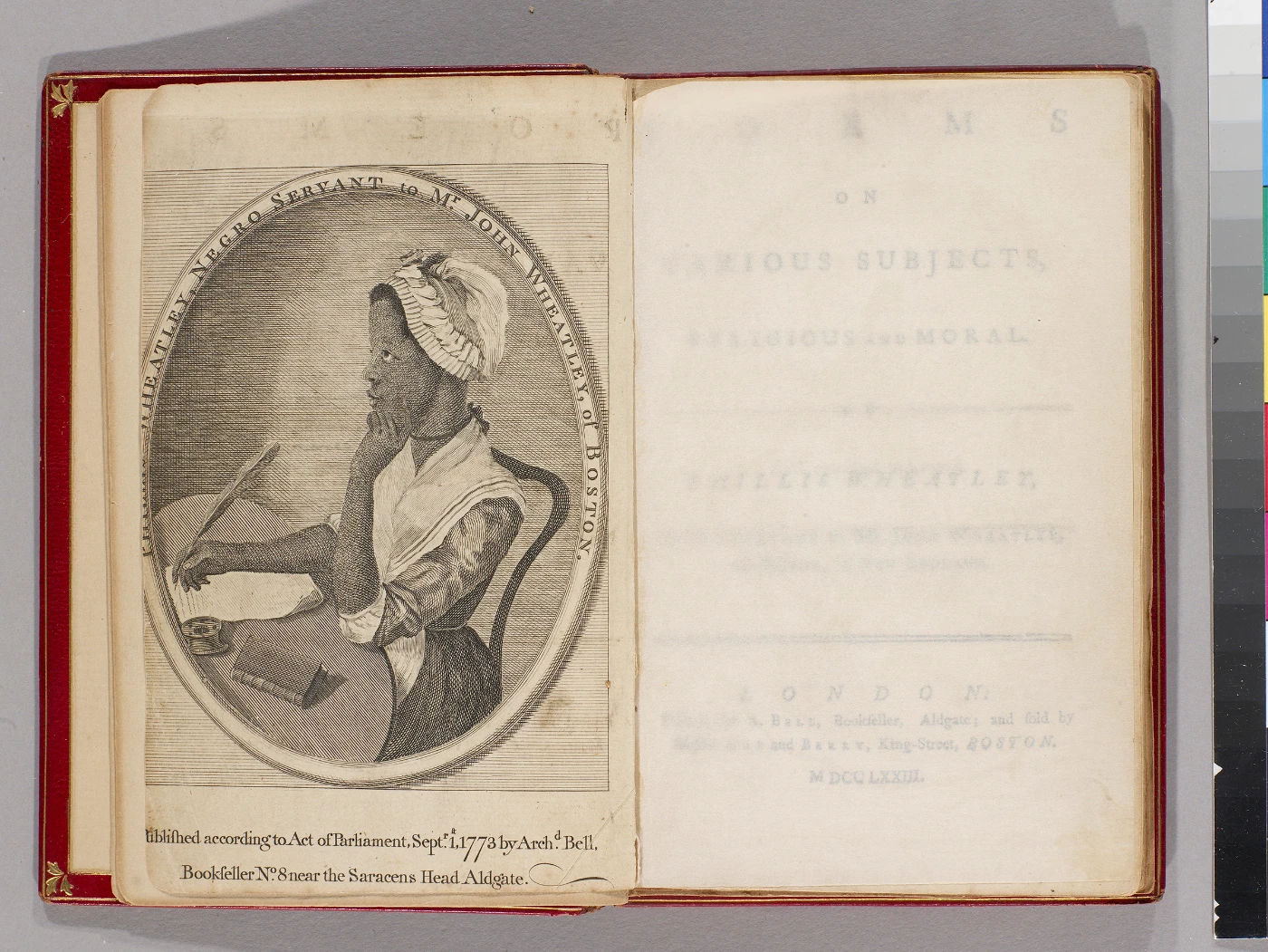 《萬物詩——關於宗教與道德》
     1773
     Phillis Wheatley
     Book