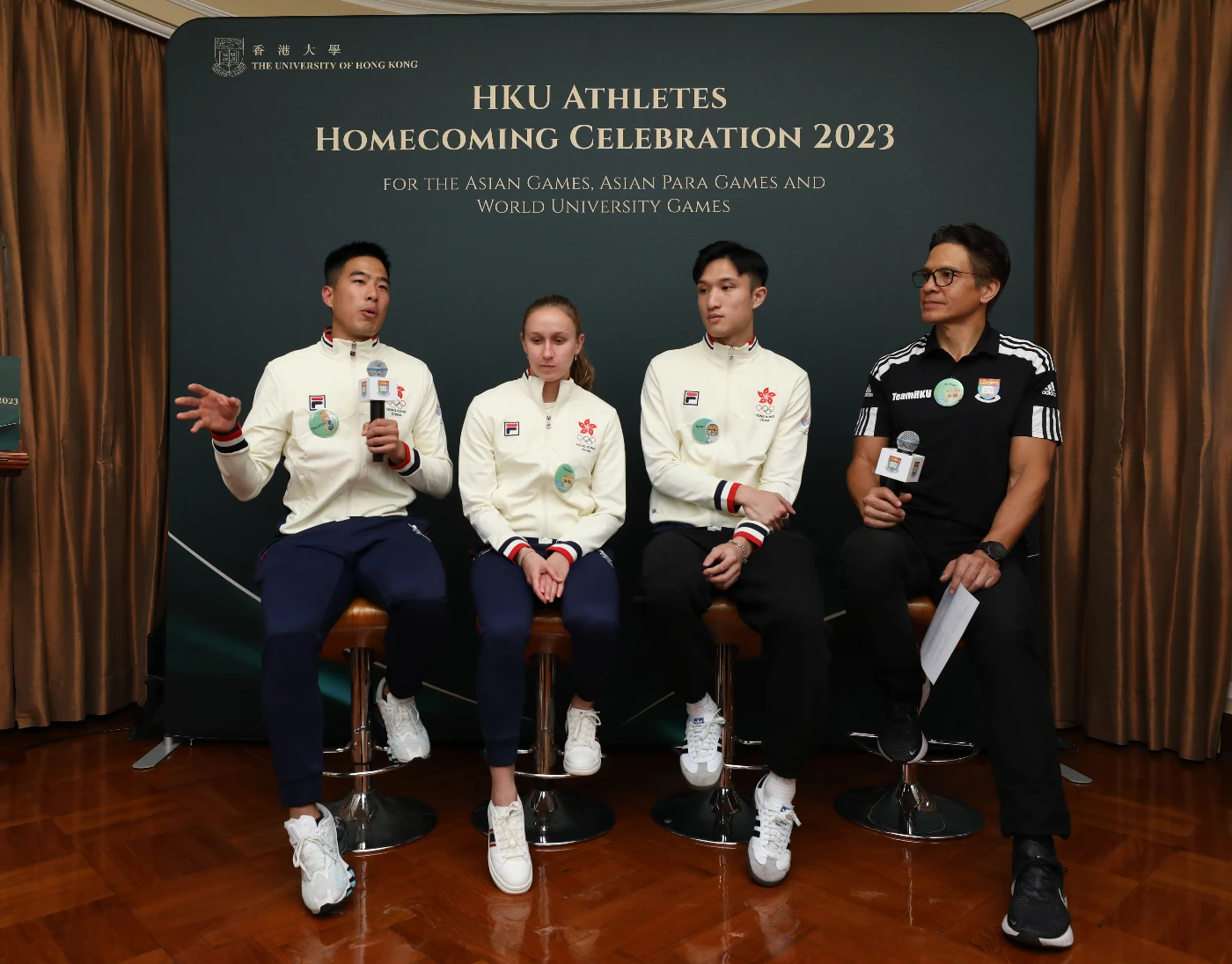 (From left) Long jump athlete Chan Ming Tai, triathlete Charlotte Emily Hall, and fencing athlethe Choi Chun Yin, Ryan shared their competition experiences and future goals.