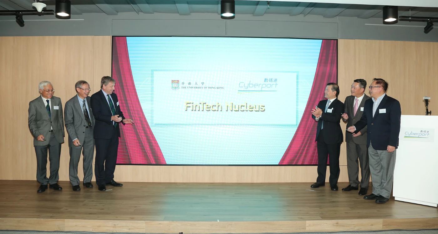 The opening of the “HKU x Cyberport FinTech Nucleus” is the first step to introducing more creativity and innovation to the Cyberport Centre of Global FinTech Innovation. (From left) Professor Paul Tam, Provost and Deputy Vice-Chancellor, HKU ; Professor Andy Hor, Vice-President and Pro-Vice-Chancellor (Research), HKU; Professor Peter Mathieson, President and Vice-Chancellor, HKU; Dr Lee George Lam, Chairman, Cyberport; Mr Herman Lam, Chief Executive Officer, Cyberport; Dr Toa Charm Ka-Ieong, Chief Public Mission Officer, Cyberport
