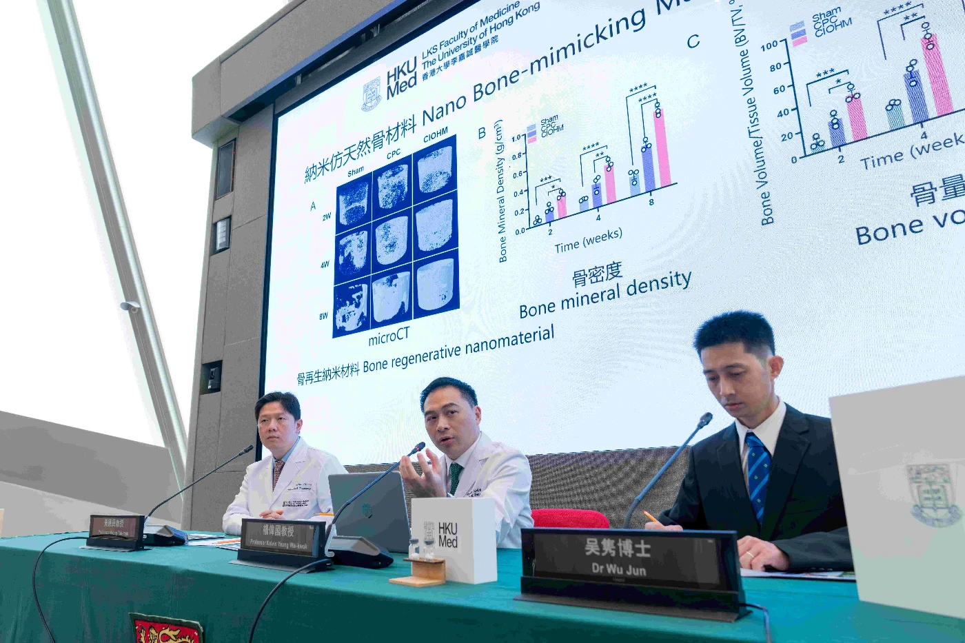 港大醫學院研究團隊成功研發一種新型彈性磷酸鈣「納米仿天然骨」材料，有望成為替代傳統骨移植的骨科治療方案。研究團隊包括（左起）黃德民教授、楊偉國教授及吴隽博士。