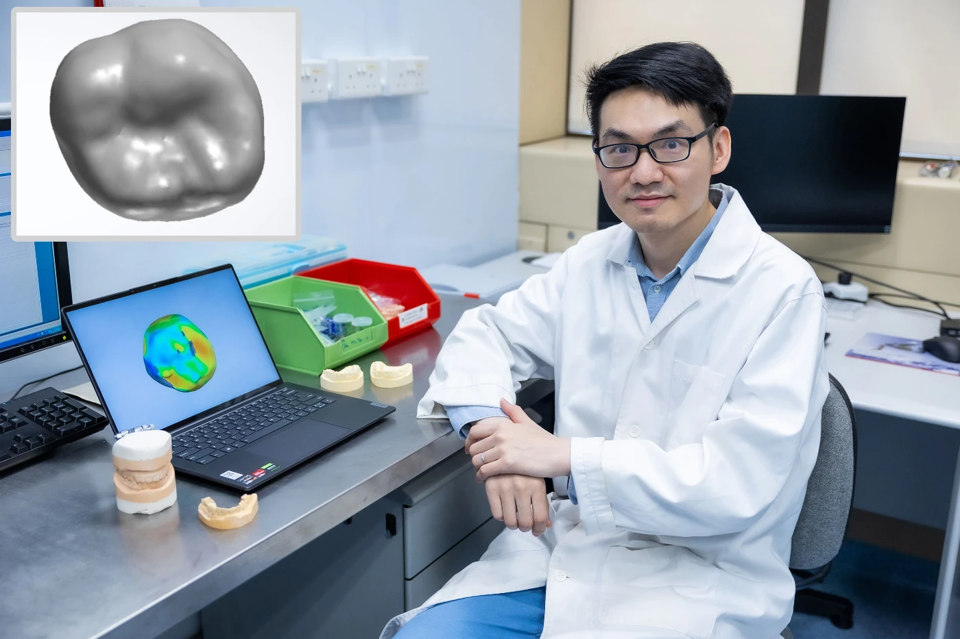 Project co-investigator Dr Hao Ding and the design of a tooth crown using generative AI. (small photo) tooth tailored by generative AI
