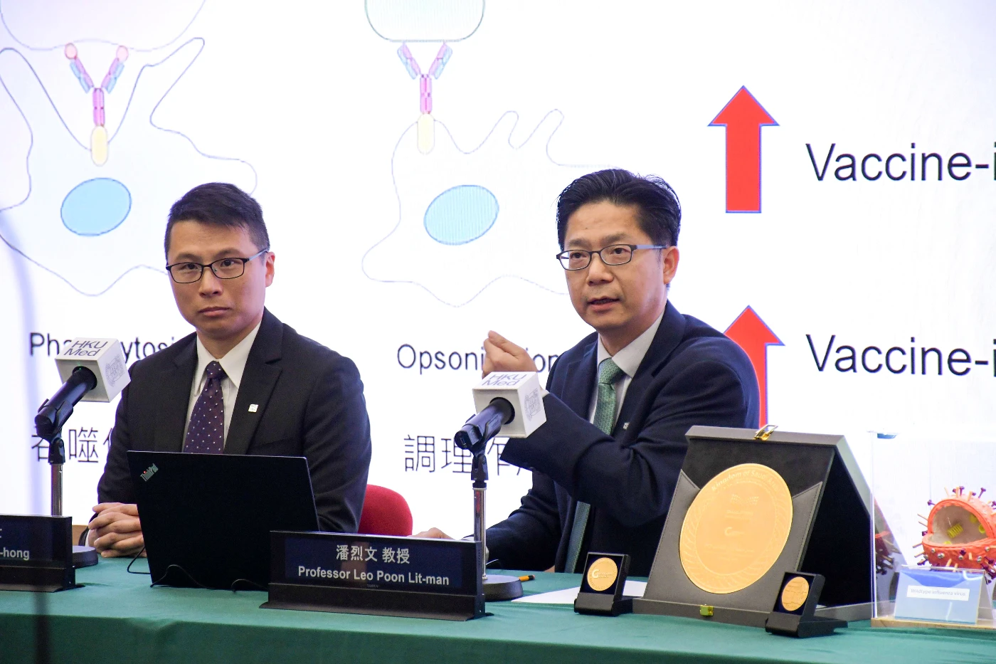 Professor Leo Poon Lit-man (right) highlights the advantages of LAIVs, noting that their intranasal administration offers a needle-free delivery method. This approach alleviates the fear of vaccination, particularly in young children, so it will help mitigate vaccine hesitancy.