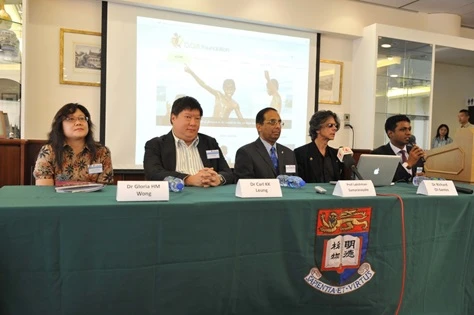 (From Left) Dr Gloria HM Wong, HKU Clinical Assistant Professor in Paediatric Dentistry; Dr Carl KK Leung, forensic odontologist; Prof Lakshman Samaranayake, HKU Dean of Dentistry; Dr Richard Ol-Santos, representative of the United Nations Climate Change Convention; and Dr Jayakumar Jayaraman, a third-year PhD student at the HKU Faculty of Dentistry and the Founder and Director of the D.O.B Foundation, at the launching ceremony of the D.O.B Foundation on 27 August 2013.