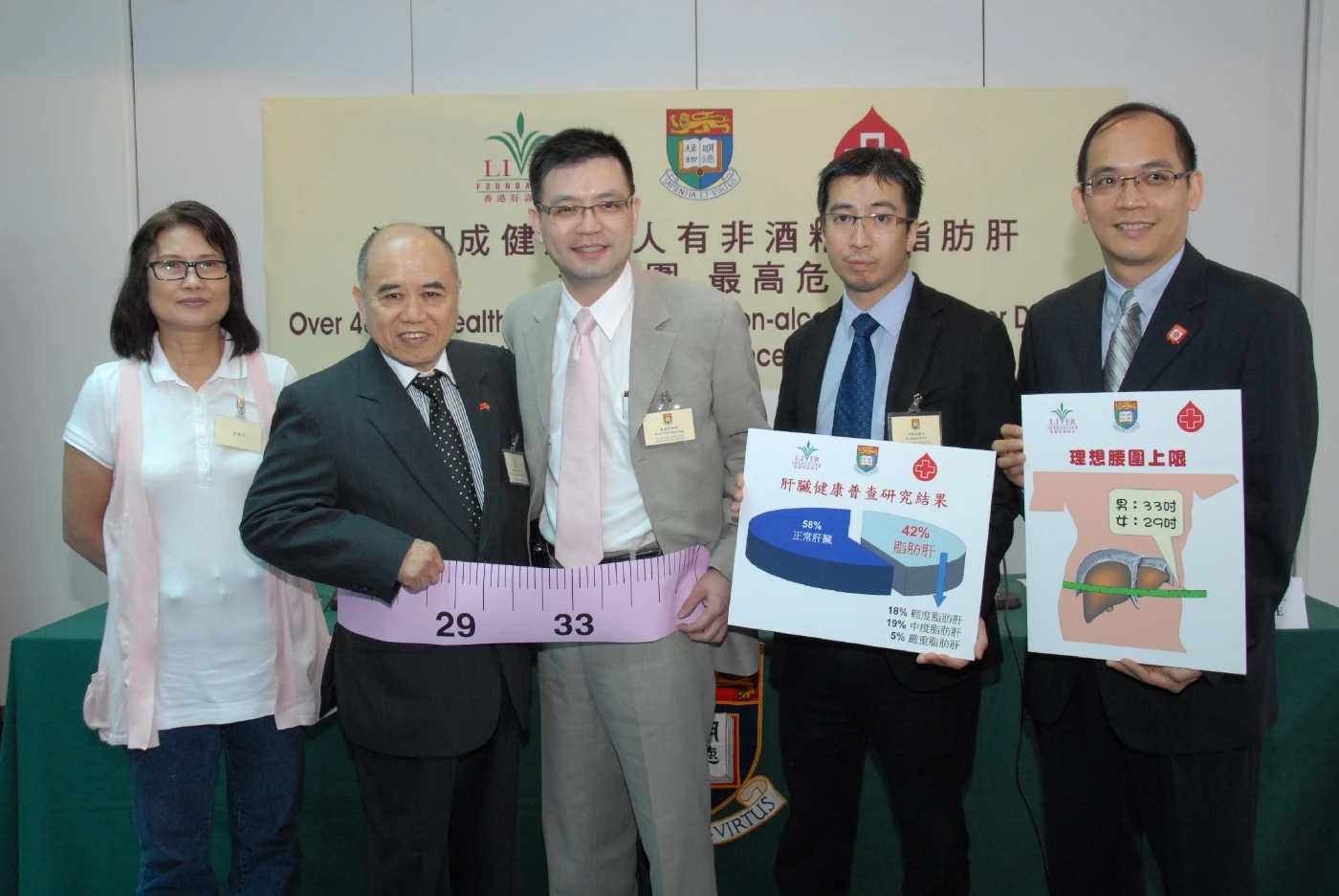 (from left) Ms MAN, a subject who joined the study and diagnosed with fatty liver; Mr YU Kam-kee, BBS, MBE, JP, Chairman of the Hong Kong Liver Foundation; Professor YUEN Man-fung, Li Shu Fan Medical Foundation Professor in Medicine, Clinical Professor of the Department of Medicine, The University of Hong Kong Li Ka Shing Faculty of Medicine; Dr James FUNG Yan-yue, Honorary Clinical Assistant Professor of the Department of Medicine, The University of Hong Kong Li Ka Shing Faculty of Medicine and Dr LEE Cheuk-kwong, Consultant of the Hong Kong Red Cross Blood Transfusion Service